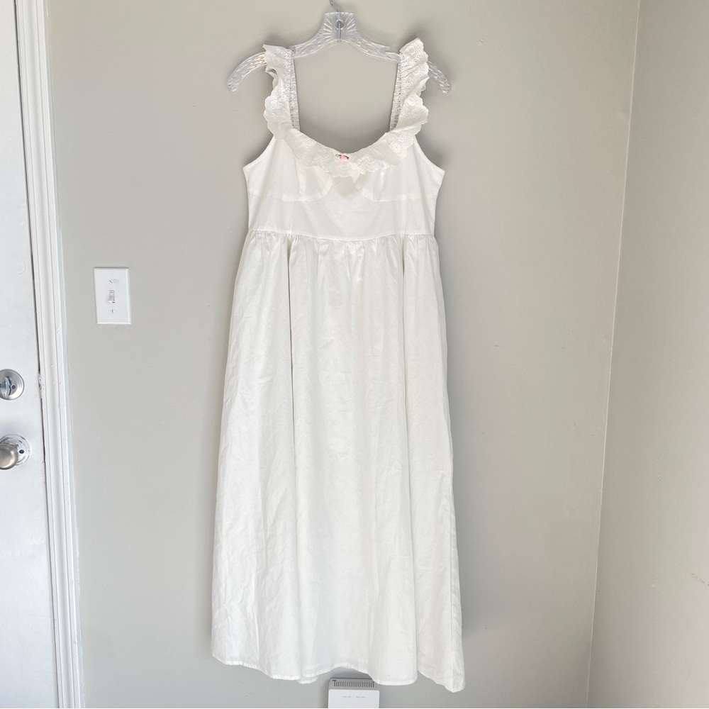 Cider White Eyelet Lace Ruffle Strap babydoll Midi Dress Cottagecore Large